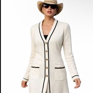 St. John Cream and White Knee-Length Cardigan set
